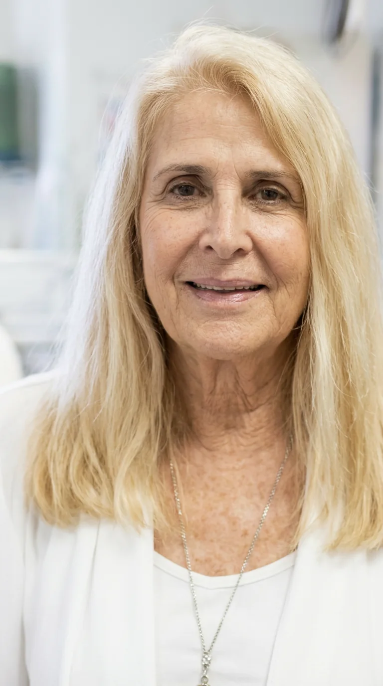 Portrait of Audrey Contente smiling warmly, with long blonde hair